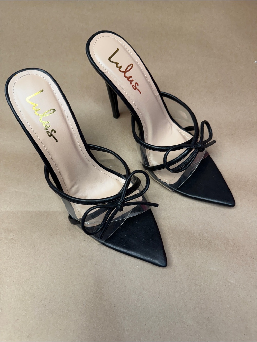 Lulu's Black Pointed Toe Clear-Strap Bow Stiletto Mules